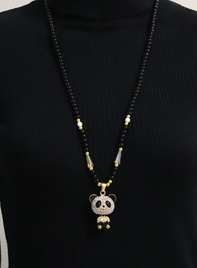 景洋饰品可爱熊猫水晶钻吊坠长项链女黑色珠链毛衣链秋冬衣服挂件