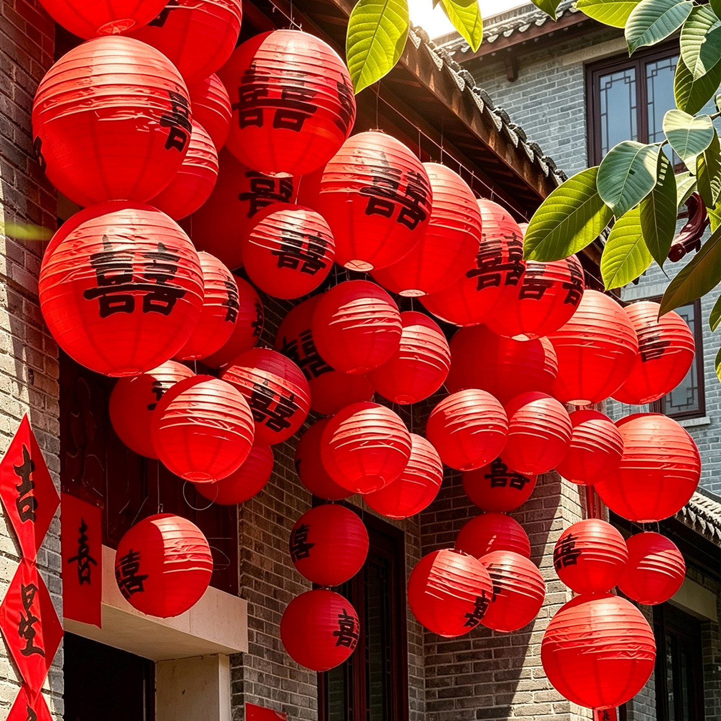 结婚喜字灯笼庭院婚礼装饰布置红囍氛围灯笼串中式婚庆拍照道具