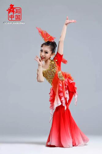 2019新款傣族鱼儿欢歌大红鱼舞蹈表演服装民族舞台儿童演出服装女 - 图1