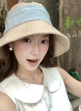 日系防晒蓝色渔夫帽子女2026新款夏季薄款百搭遮太阳帽盆帽显脸小