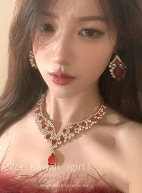 复古宫廷风红色锆石水滴项链耳环