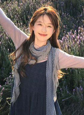 藤井树同款灰蓝色波点蕾丝边丝巾