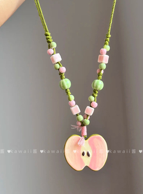 甜美森系粉色陶瓷苹果串珠项链