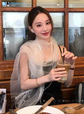 韩系ins风白色欧根纱长条丝巾