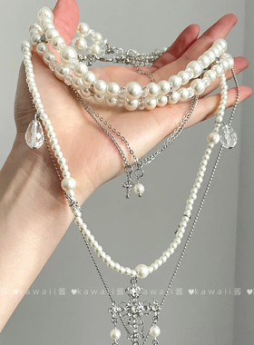 choker多层珍珠串珠十字架项链