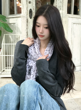 奶白波点褶皱棉麻围巾
