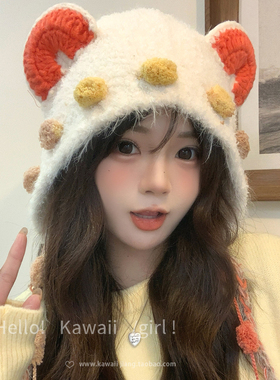 可爱搞怪白色小熊耳朵辫子针织帽女秋冬季保暖显脸小加厚护耳帽子