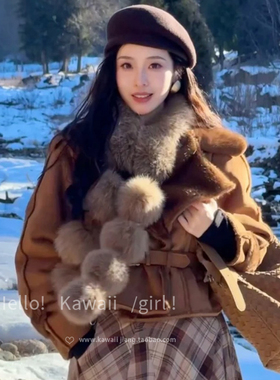 韩剧女主仿狐狸毛毛球围巾