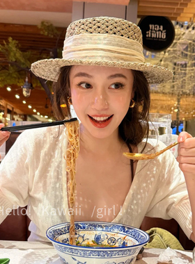 法式老钱风缎带镂空草帽平顶