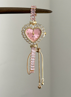 Vintage中古镶锆石粉色爱心手表