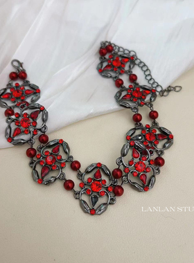 重工choker红色水晶珍珠项链朋克红黑哥特嘻哈高街项圈亚文化配饰