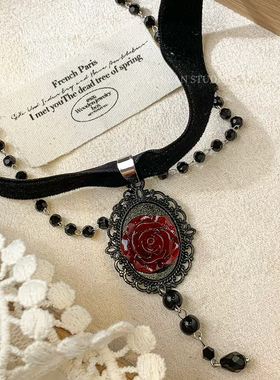 暗黑辣妹风黑色植绒串珠花朵吊坠流苏choker颈链小众涩谷风脖颈链