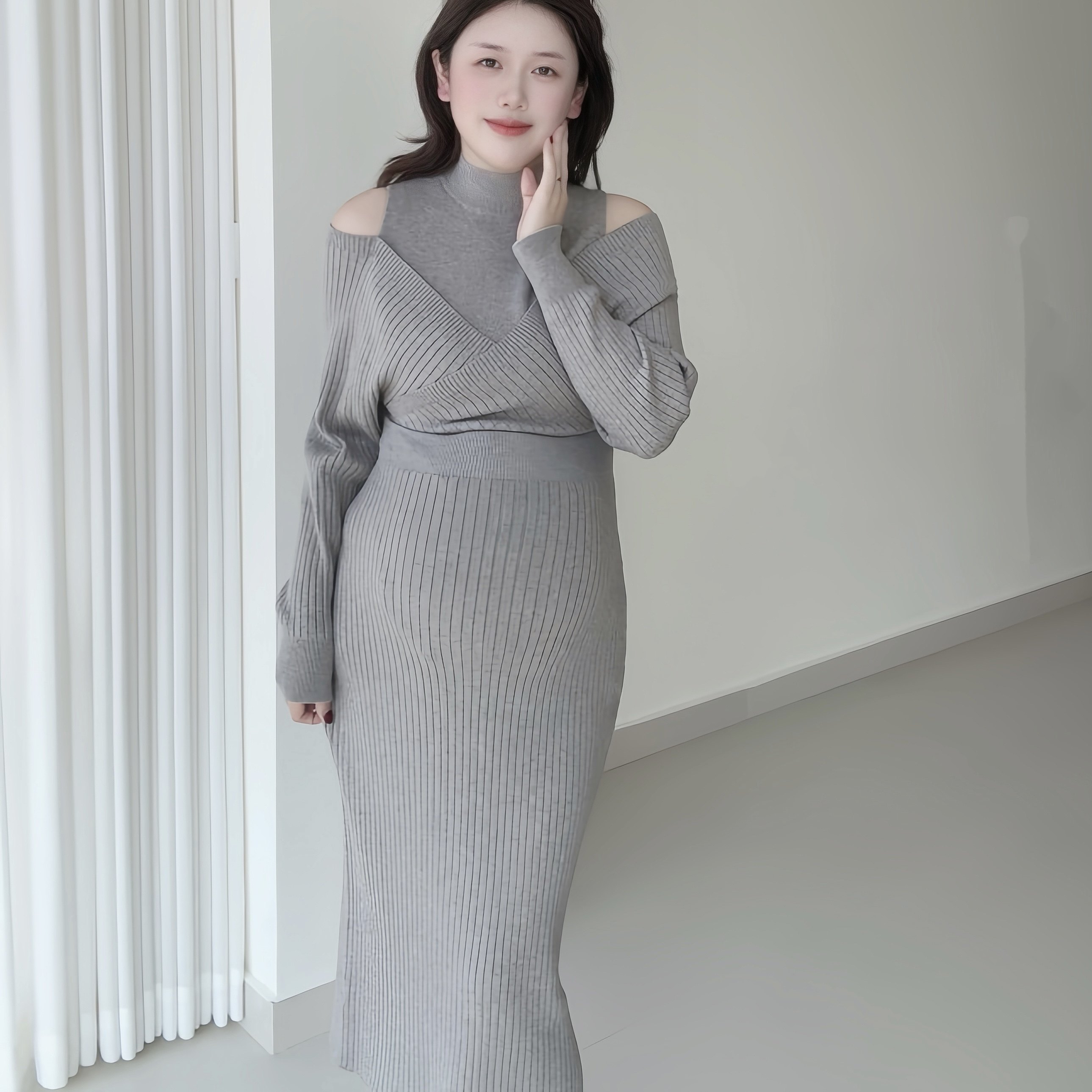 孕妇秋冬法式复古半领收腰针织连衣裙温柔露肩连衣裙慵懒松弛长裙,淘宝优惠券,粉丝福利购,淘宝优惠卷