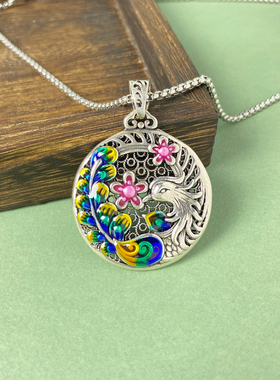 复古民族风双面景泰蓝毛衣链纯银