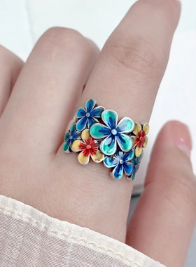 复古轻奢民族风珐琅繁花似锦戒指