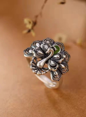 凤凰戒指女纯银复古民族风孔雀开屏时尚气质高级感可调节开口指环