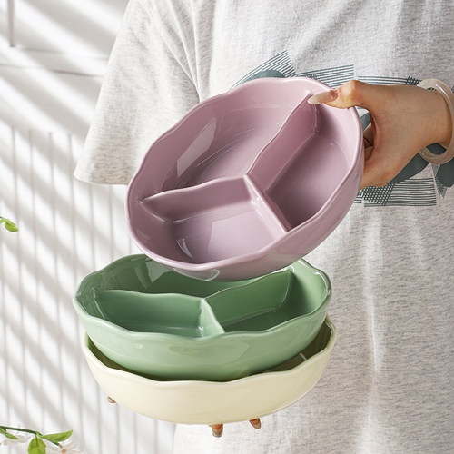 奶油风加深陶瓷分格盘碗大人减脂定量个人专用三格盘分隔餐盘带盖 - 图2