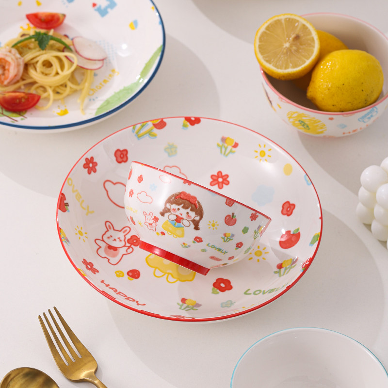 釉下彩卡通餐具家用米饭碗菜盘子可爱学生儿童男女孩陶瓷碗盘套装