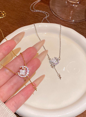 韩系甜美气质星月锆石钛钢项链女小众时尚百搭气质长款流苏锁骨