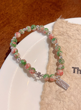 轻奢小众甜美樱花粉珍珠手链女百搭气质高级感寿山石串珠手串