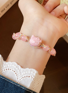 新中式蓝色小猫串珠手链萌趣可爱小猫咪五彩编织绳少女心甜美