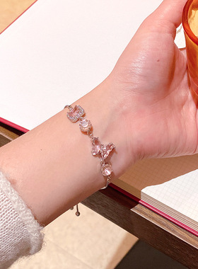 韩系甜美气质粉色水晶蝴蝶手链女小众设计感抽拉式手环手饰品