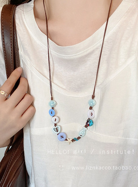 可爱蓝色纽扣项链女可爱百搭小众高颜值饰品多巴胺项饰高级