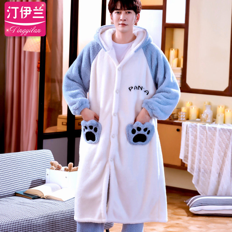 【睡袍+睡裤】男士加厚珊瑚绒睡衣 汀伊兰睡衣/家居服套装