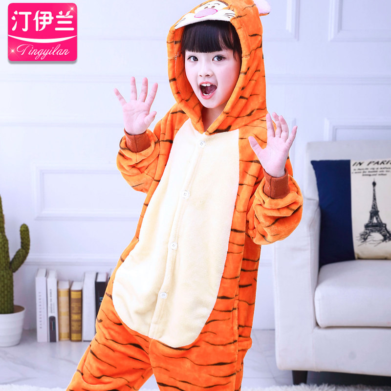 秋冬季跳跳小老虎法兰绒卡通睡衣 汀伊兰睡衣/家居服套装