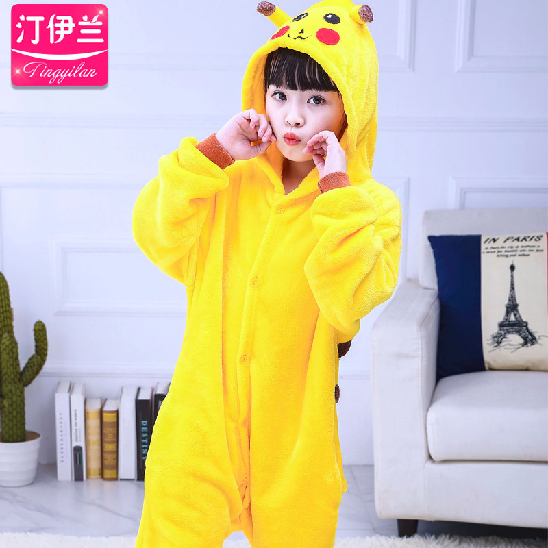 皮卡丘儿童卡通连体法兰绒睡衣 汀伊兰睡衣/家居服套装