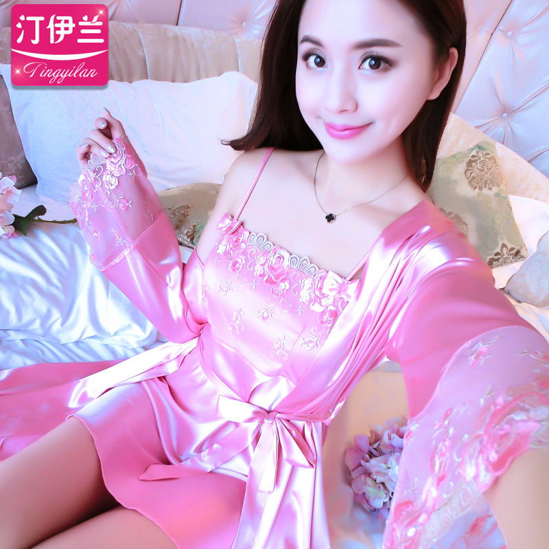 长袖两件套装丝绸夏季蕾丝吊带睡裙 汀伊兰睡裙