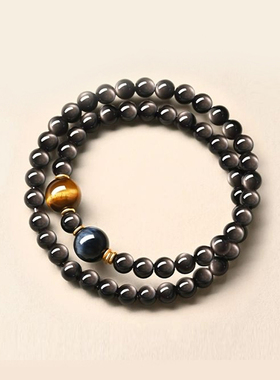 双层黑曜石手串女男士手链高级感平安扣手饰七夕礼物金银曜石手串