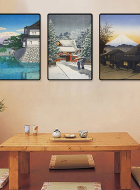 日本街道风景挂画日式料理店浮世绘富士山装饰画和风寿司店壁画