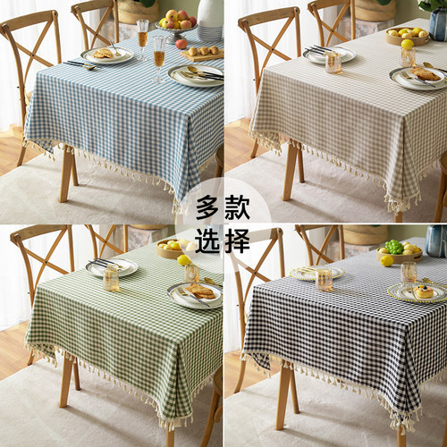 日式小清新棉麻布艺格子桌布田园风餐桌布茶几布流苏方格台布盖巾 - 图0