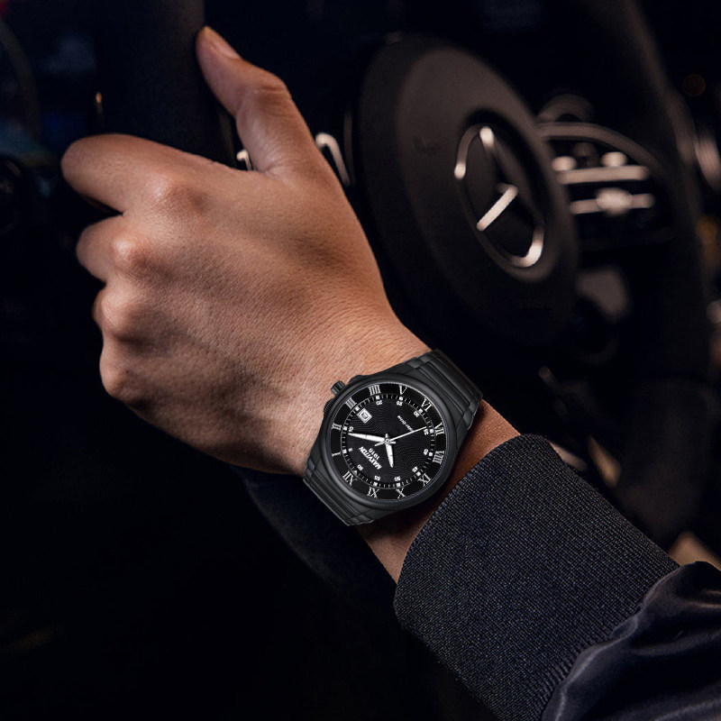 玛斯威顿光能男士精钢带日历男表 玛斯威顿国产腕表