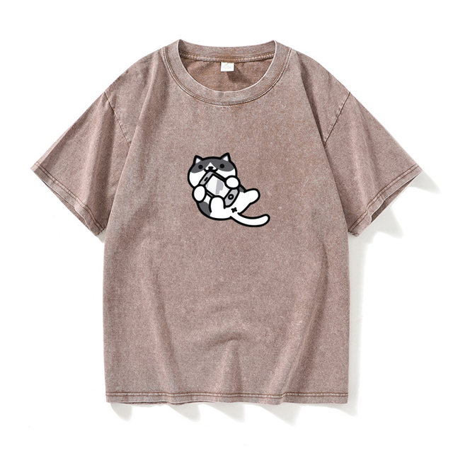 Cute samurai cat pattern T-shirt short sleeve black clothes