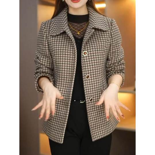 时尚千鸟格外套女2025年新款春秋季高品质妈妈装减龄小西装上衣