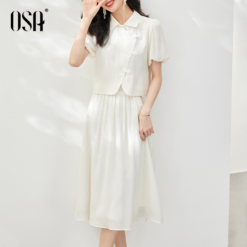 OSA欧莎白色新中式盘扣套装裙子女春夏薄款国风上衣半身裙两件套 - 图0