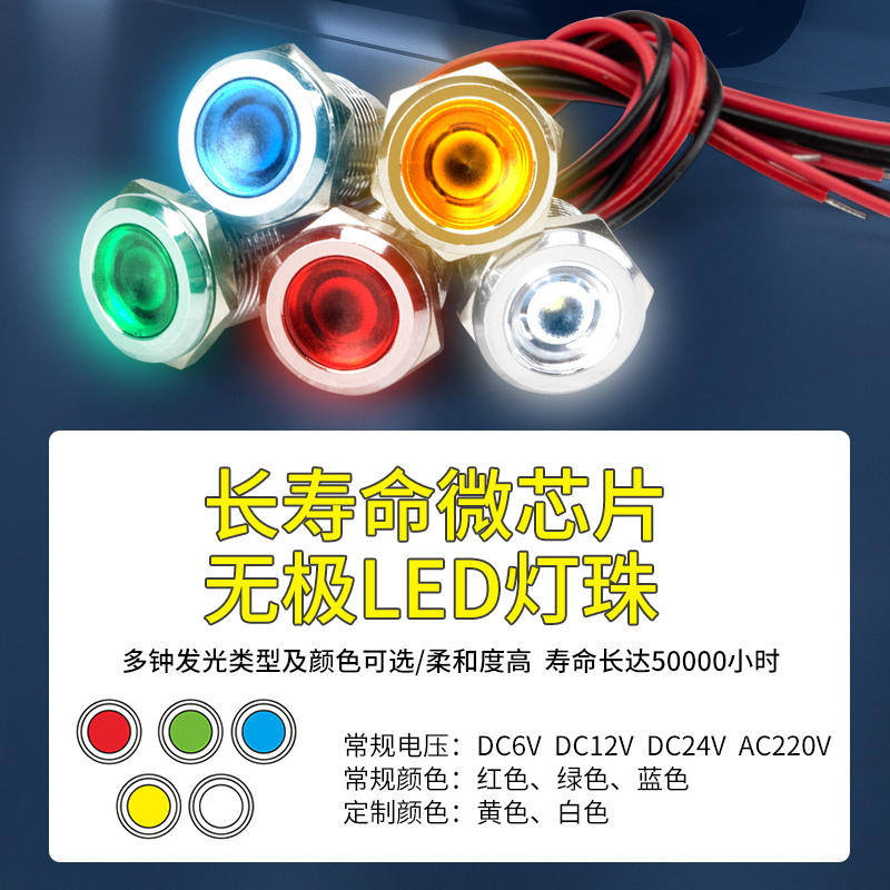 LED金属指示灯6mm8 10 12 16防水信号灯6v12v24v220v带线电源工作 - 图0