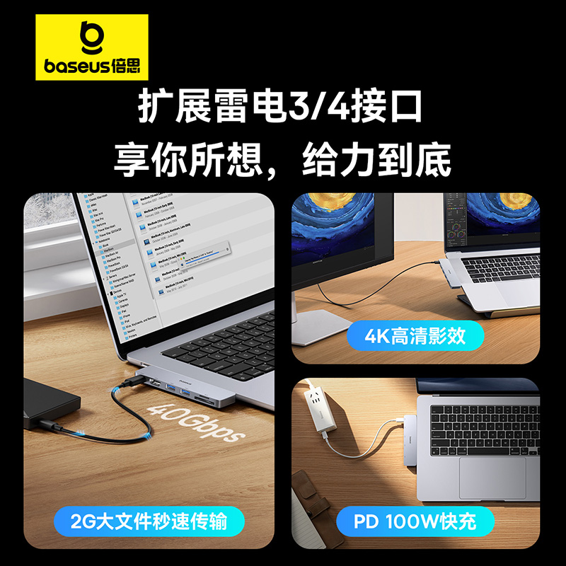 倍思双Type-C扩展坞直插式拓展坞USB3.0分线器适用笔记本电脑SD/TF读卡USB-C40Gbps雷电3/4配件HDMI转换器 - 图2