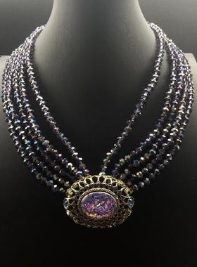 中古饰品vintage重工打标欧美复古HD多层珠紫色彩钻夏威夷风项链