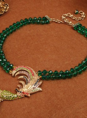 1433studio青岛中古孔雀复古羽毛胸针彩色满钻鲜艳绚丽项链耳坠