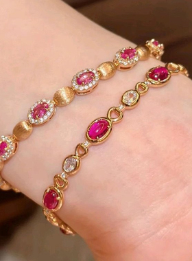 法式复古老钱风手工拉丝鸽子蛋高碳钻手链中古彩宝红刚玉手链女