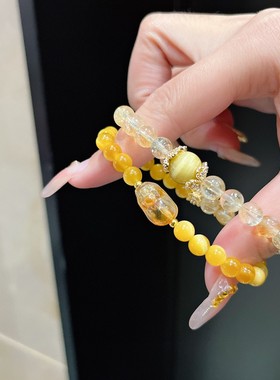 吸金暴富天然黄塔晶手链女款招财双层手串虎眼石平衡貔貅水晶送礼