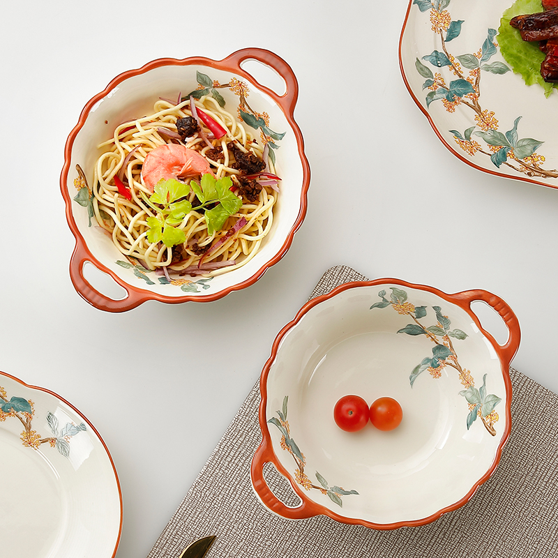 双耳碗泡面碗家用汤碗简约创意陶瓷餐具酸奶碗汤碗6.5英寸宝宝碗