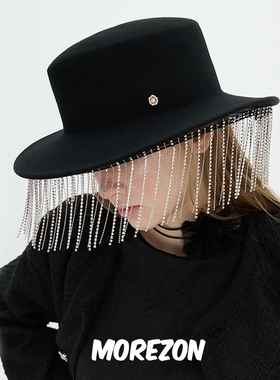 MOREZON【Brown hat Iconic Flat Top Hat】秋冬羊毛呢流苏礼帽女