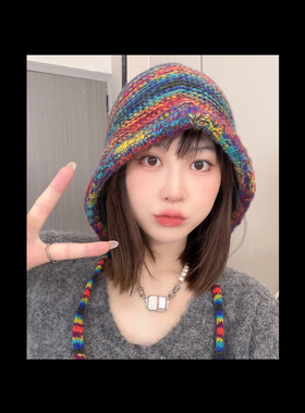 彩虹帽子秋冬保暖针织帽抽绳绑带包头帽民族风时尚休闲百搭护耳帽