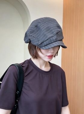 高品质亚麻条纹棉麻贝雷帽子女春夏秋显脸小报童帽复古画家帽潮