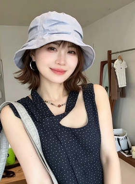 水桶盆帽日系小众设计感褶皱渔夫帽女夏季薄款亚麻遮阳帽子简约