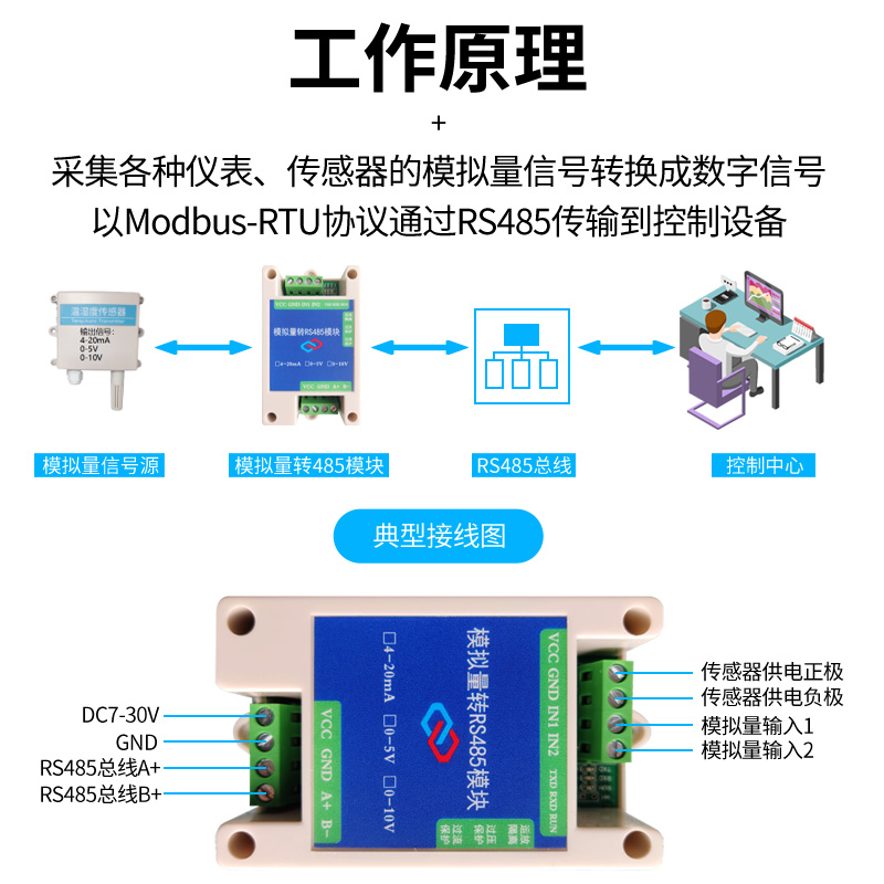 模拟量采集模块20mA 5V 10V转RS485变送器Modbus宽电压 AD高精度-图2